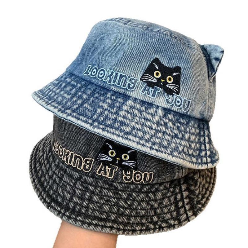 Sweet and Cute Cat Ear Denim Bucket Hat Autumn and Winter Hat Women's Embroidery Basin Hat Versatile Face Bucket Hat