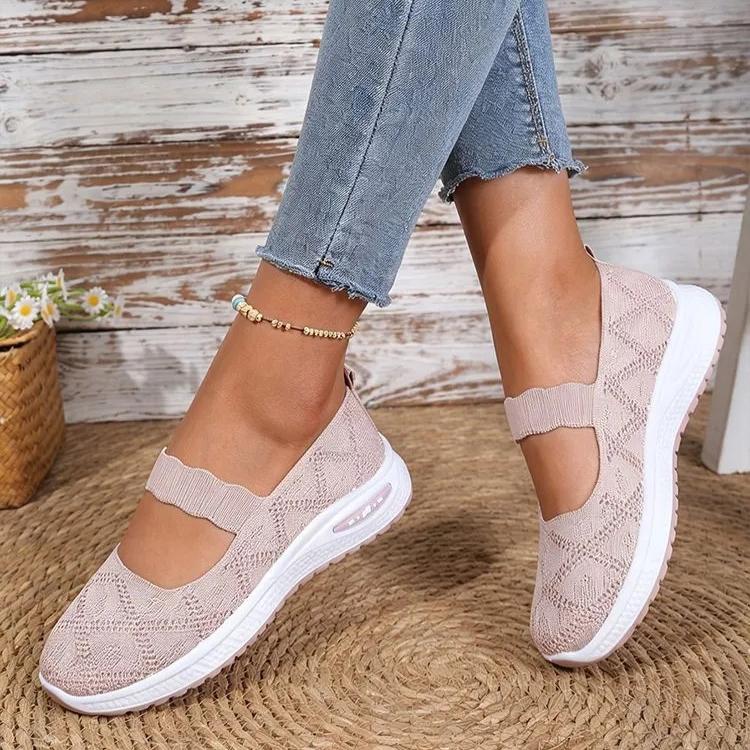 Knit Mesh Slip-On Sneakers for Women, Comfortable Air Cushion Sole Breathable Casual Walking Shoes with Mary Jane Strap
