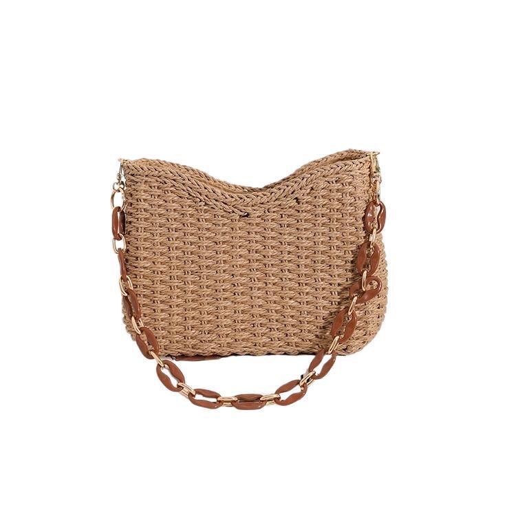 Elegante Borsa da Spiaggia Estiva da Donna in Paglia Intrecciata con Catena - Borsa a Spalla Versatile e alla Moda