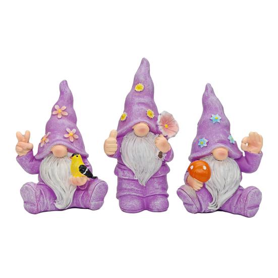 3 Pcs/Set Flower Gnome Figurines Collectible Dwarf Wearing Floral Hat Ornaments Desktop Gnome Statues for Home Cabinet Shelf Decorations