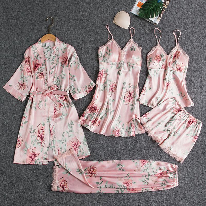 Women's Five-Piece Silk Pajama Set - Sensual Padded Nightdress and Battleship Print for Spring & Summer