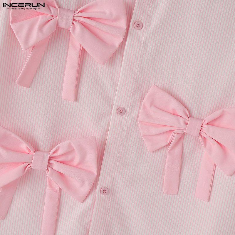INCERUN Summer Men Lapel Neck Short Sleeve Buttons Up Striped Print Bow Casual Shirts