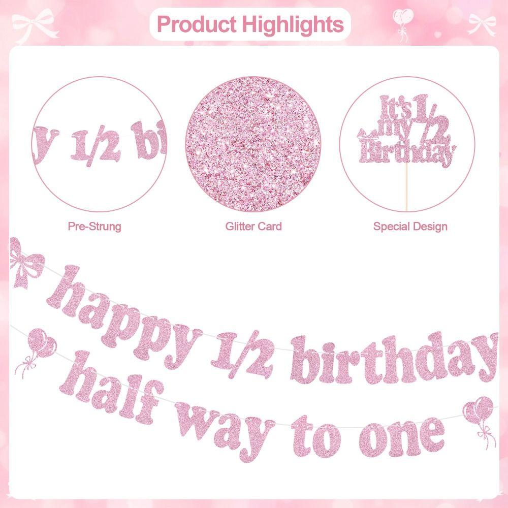 3pcs Pink 1/2 Birthday Cake Topper Giltter Paper Half Birthday Decorations  for Baby Birthday Party
