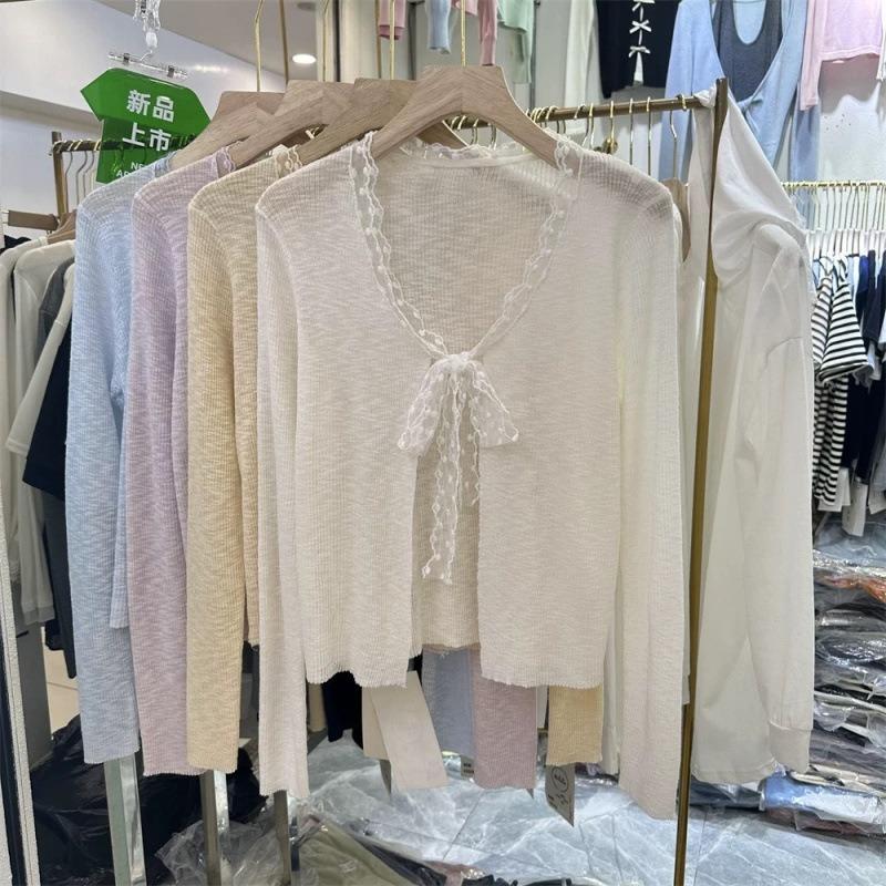 Women's Clothing, Summer New Sweet and Lazy Lace Straps Knitted Cardigan Women's Short Long-sleeved Top