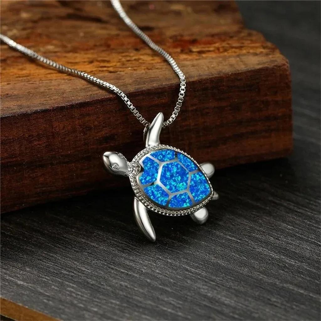 Bohemia Cute Turtle Pendant Necklace For Women Inlay Imitation Blue Opal Necklace Wedding Party  Christmas Gifts for Her