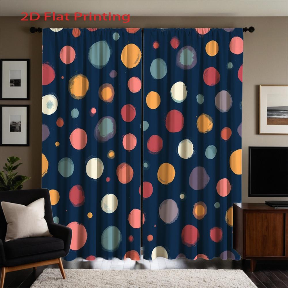 Set Of 2 Modern Window Curtains Semi Sheer Privacy Drapes Dark Blue Background Multicolor Dot Pattern Curtain Made Polyester