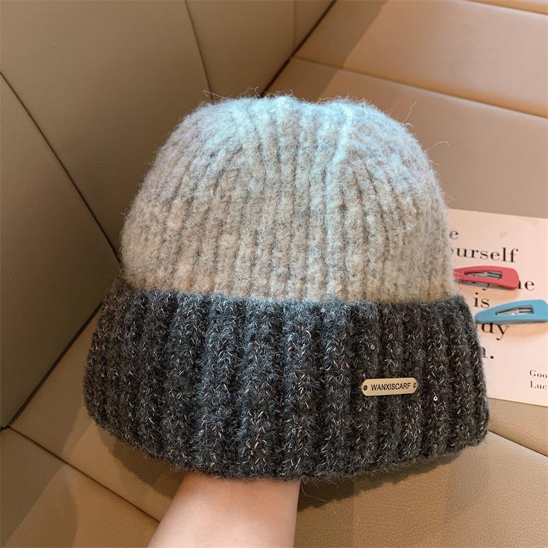 Hat Women's Rough Knitted Wool Hat Autumn and Winter Versatile Big Head Circumference Color Matching Loose Ins Trendy Face Small Headhat