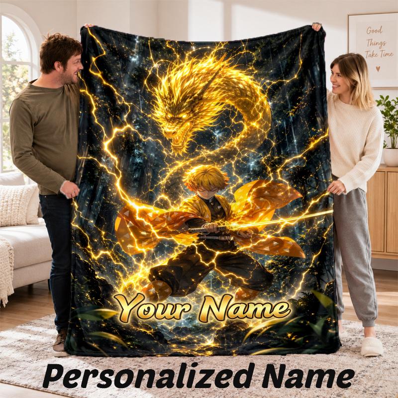 Benutzerdefinierter Name Zenitsu Agatsuma Flanell-Kuscheldecke Personalisierter Text Weiche Decke Bett Sofa Geschenk