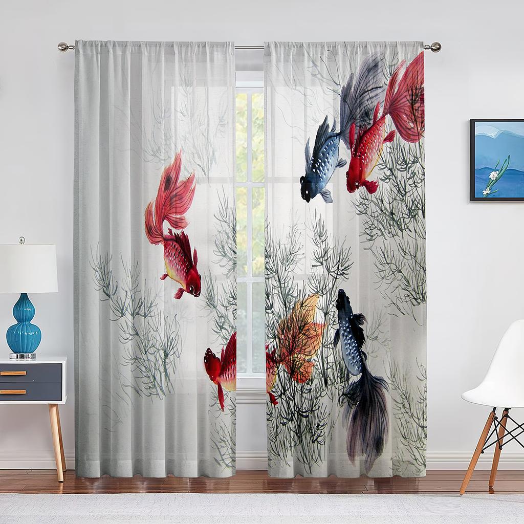 Koi Fish Ink Painting Goldfish Sheer Voile Curtains Window Treatment Chiffon Tulle Curtain for Kitchen Living Room Bedroom Drape