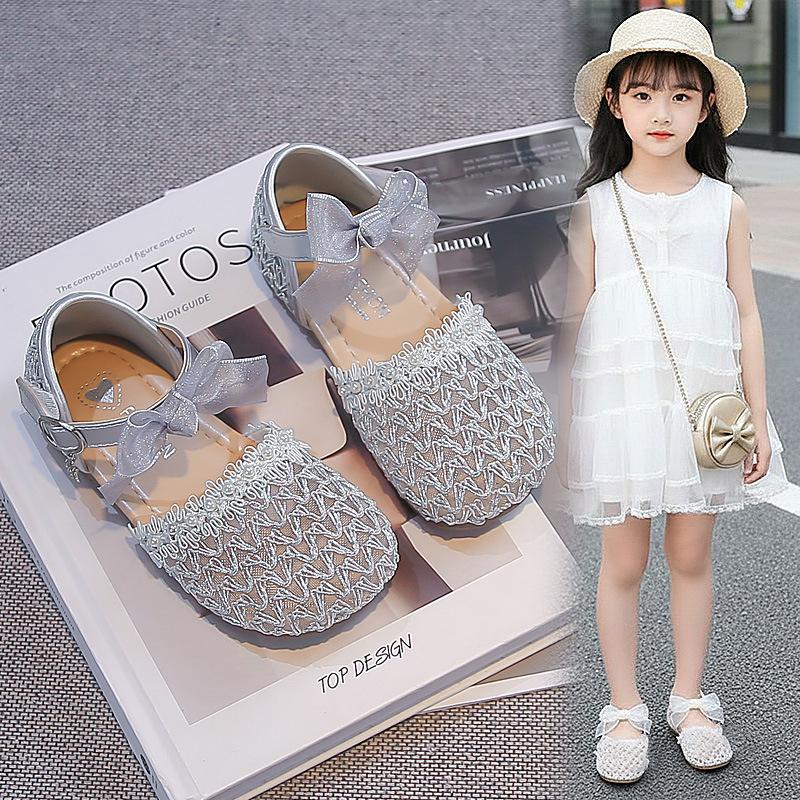 Spring Summer Girls Pearl Bow Breathable Woven Hollow Leather Sandals Shoes
