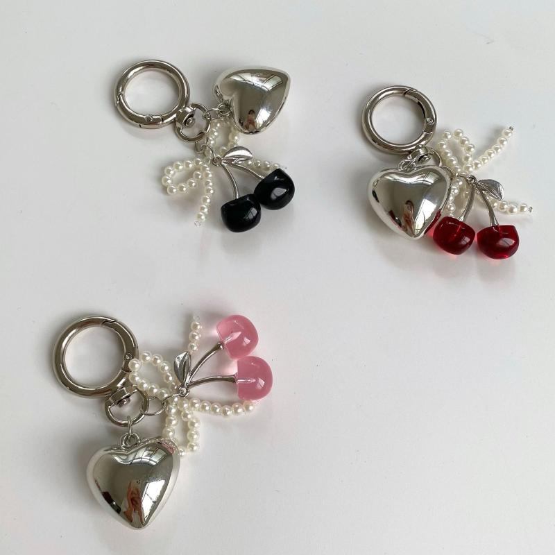 3D  Cherry Keychain Pearl Bow Silver Heart Pendant Keyring Women'S Bag Accessories Gifts