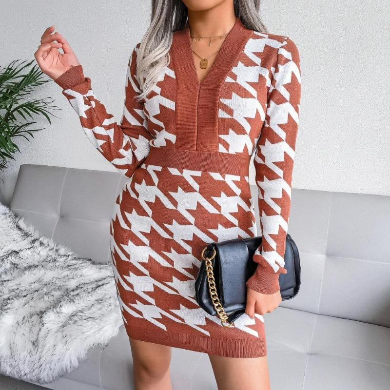 Kvinner Høst Vinter Houndstooth Pack Hip V-hals Langermet høy midje strikket kjole SL