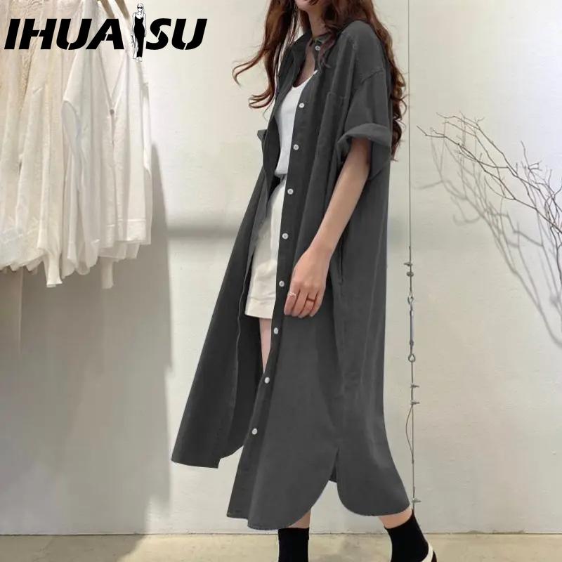 IHUASU Kadın Moda Yaz Bahar Düz Renk Baskı Kısa Kollu POLO Boyun Yüksek Bel Günlük Elbiseler