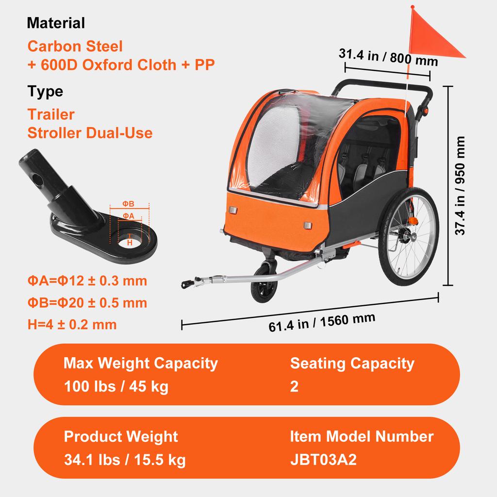 SucceBuy 88/100 Lbs Child Bike Trailer Double Seat Carrier Converts To Stroller Foldable Children Bicycle Trailer for Toddlers