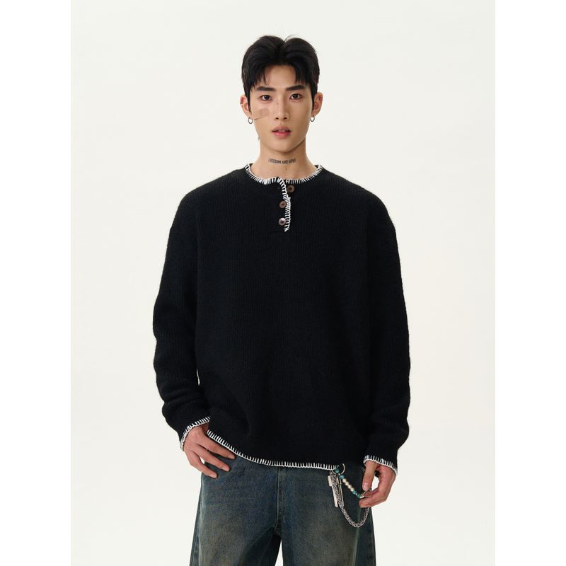 Kisko American Retro Lazy Casual Henry Collar Sweater for Men and Women Trendy Brand High-End Thick Knitwear for Couples