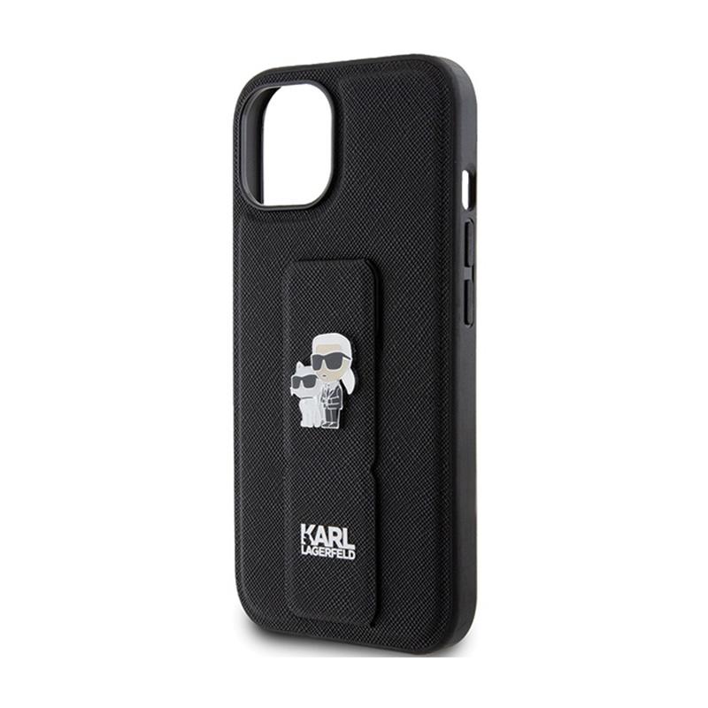 Karl Lagerfeld Gripstand Saffiano Karl & Choupette Pins - Etui Iphone 15 (Czarny)