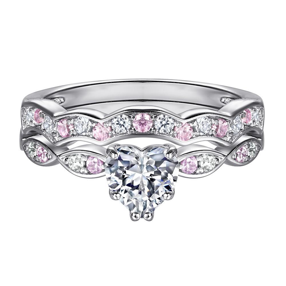 Love Jewelry Set 3-piece Set European and American 925 Sterling Silver Ring Pink Diamond Set Ring Heart-shaped Zircon Stud Earrings Niche Necklace