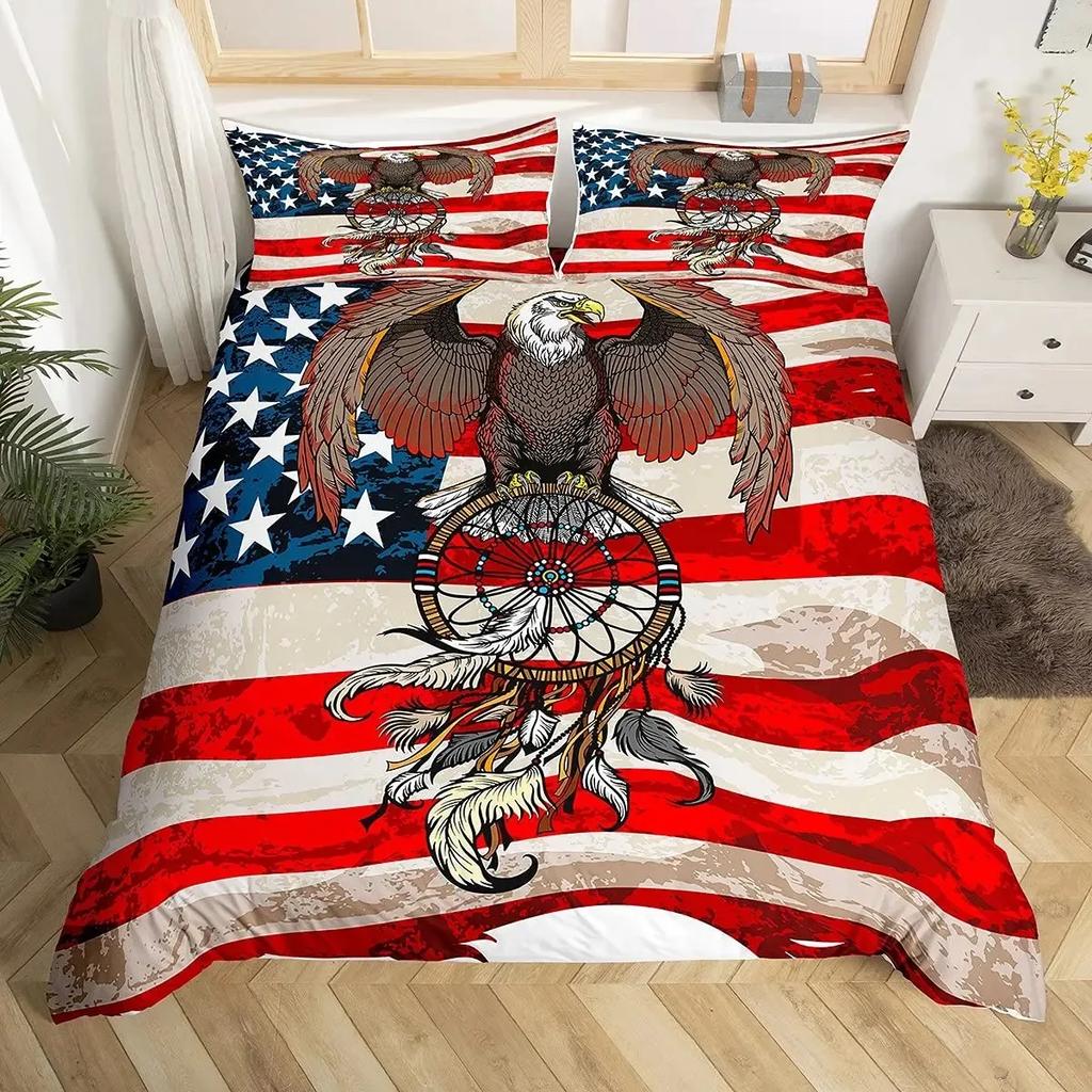 American Flag Duvet Cover Set Queen Size,Bald Eagle Bedding Sets Bird Animals Comforter Cover Waving Flag Bedspread Cover