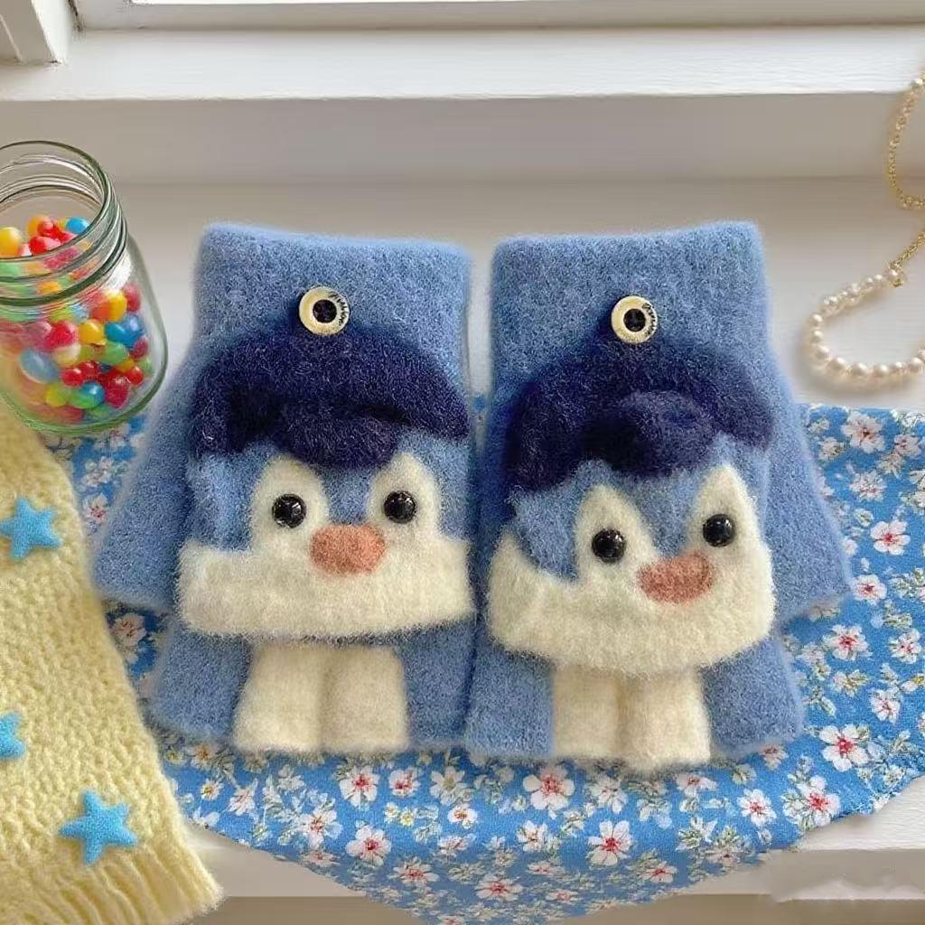 Winter Cartoon Penguin Student Flap Gloves: Half-Finger, Cold-Proof for Men, Women, and Kids