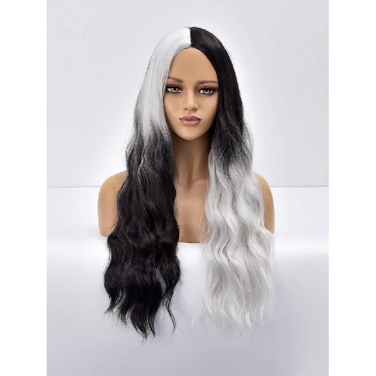 Long Wavy Ombre Black White Synthetic Wigs for Women Heat Resistant Natural Middle Part Cosplay Party Lolita Daily Hair Wigs