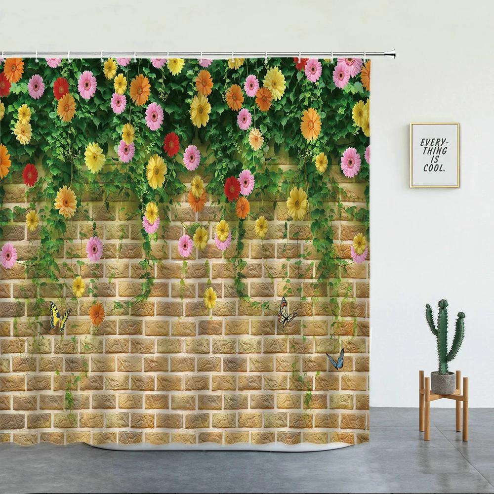 Flowers Plant Scenery Shower Curtains Set Floral Green Leaf Landscape Garden Wall Decoration Bathroom Decor Screen With Hooks