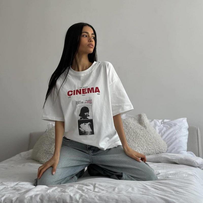 

Women s Summer Loose-Fit Letter Print Round Neck Short-Sleeve T-Shirt M
