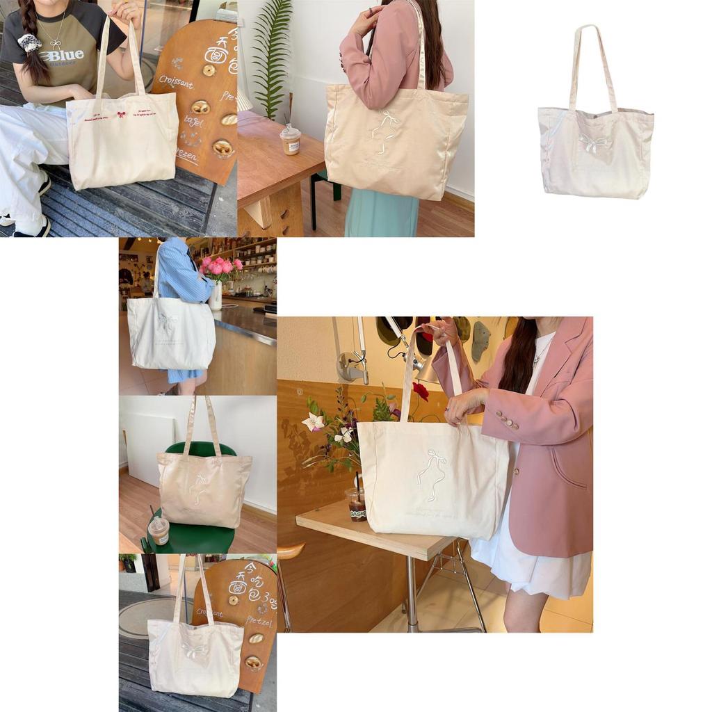 Elegant Pearl Beige Bow Tote Bag Lovely Embroidered Canvas School Bag For Girls