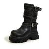 High-heeled Short Boots Women's 2025 Autumn and Winter New British Wind Pleated Piled Boots Belt Buckle Warm Inner Height-increasing Leather Boots