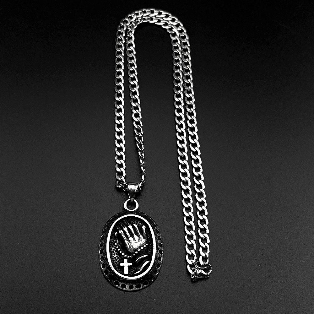 Praying Hands Rosary Cross Oval Pendant Necklaces for Women Men 316L Stainless Steel Silver Color Catholic Amulet Chain Jewelry