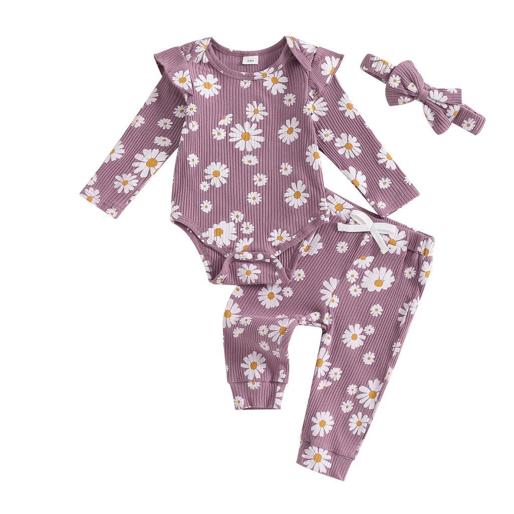 Citgeett Autumn Infant Baby Girl Fall Outfit Daisy Print Long Sleeve Romper Pants Headband Clothes Set