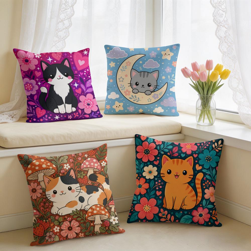 Cute Cartoon Cat Print Cushion Cover Double-Sided Plush Sofa Cushion Covers Organic Breathable Invisible Zipper