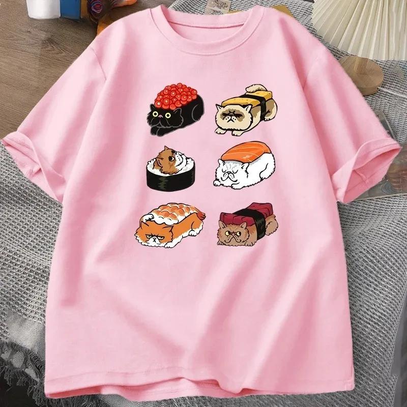 T-shirt Kawaii Chat Mignon Sushi Femme Y2k T-shirt Été Manches Courtes T-shirt Impression Cartoon T-shirts Vêtements Femme