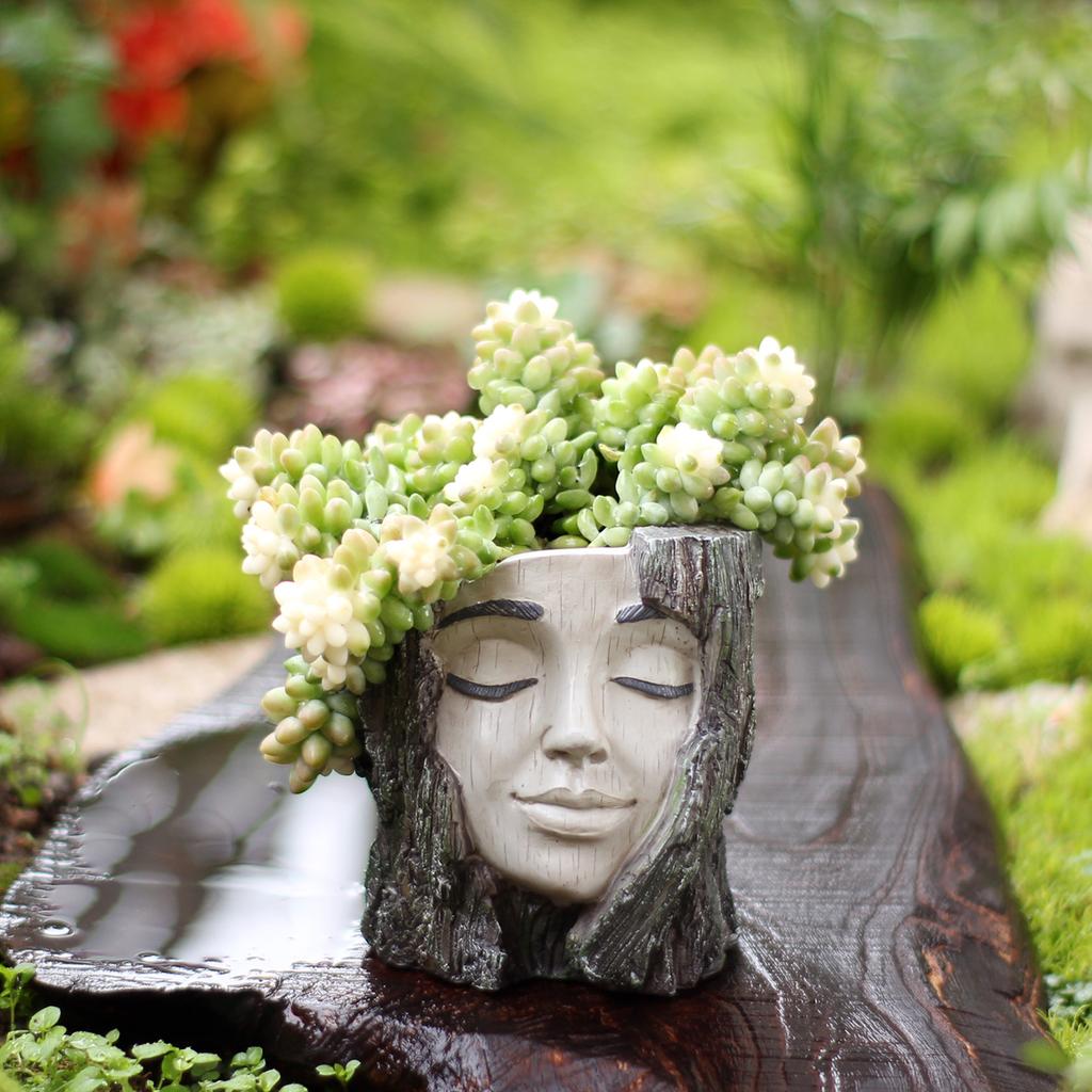 1 Piece of Bark Facial Flower Pot, Creative Imitation Tree Trunk Carved Facial Flower Pot, Home Decoration Statue Flower Pot