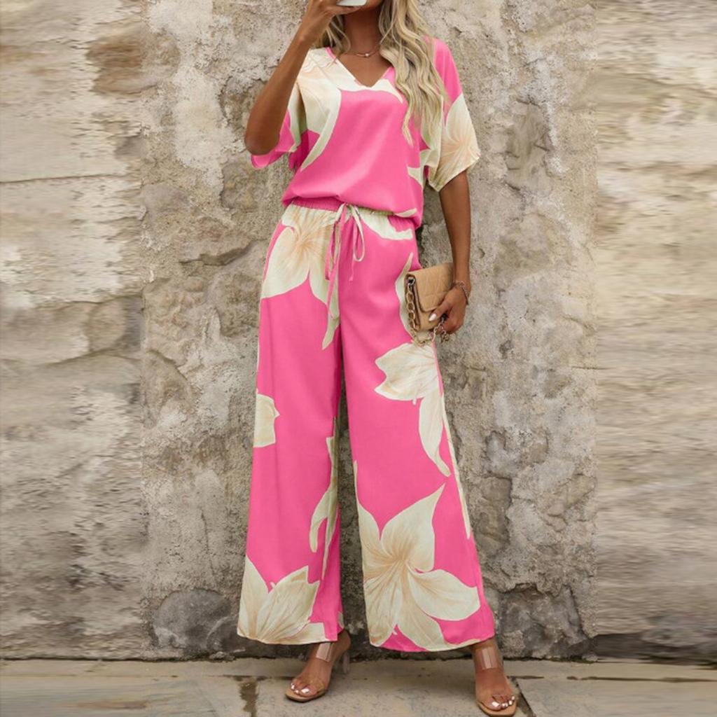 Damski Modny Casualowy Zestaw Top z Krótkim Rękawem i Dekoltem w Serek ze Wzorem w Kwiaty i Spodnie