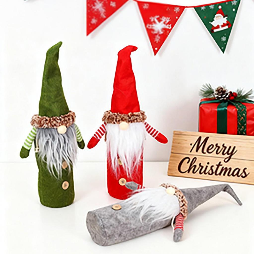 Mingguan Christmas Faceless Old Man Wine Bottle Cover Set - Non-Woven Fabric, European and American Style, 2-Piece Decoration Cover