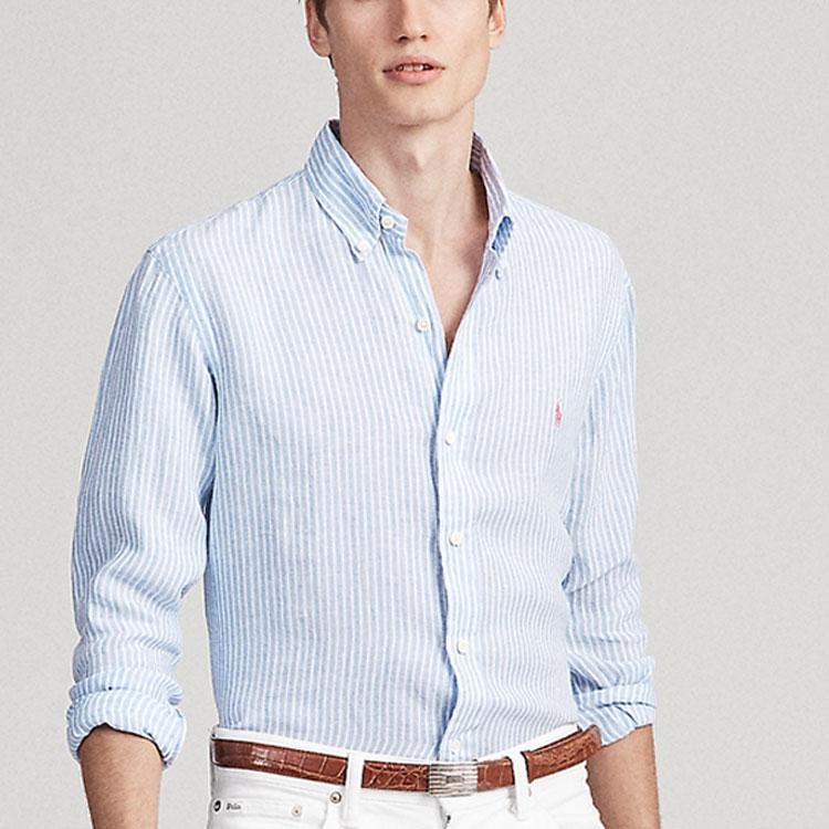 Polo Ralph Lauren Ss22 Striped Polo Collar Single-Breasted Long Sleeve Shirt Men shirts Light-Blue MNPOWOV16810525-B35