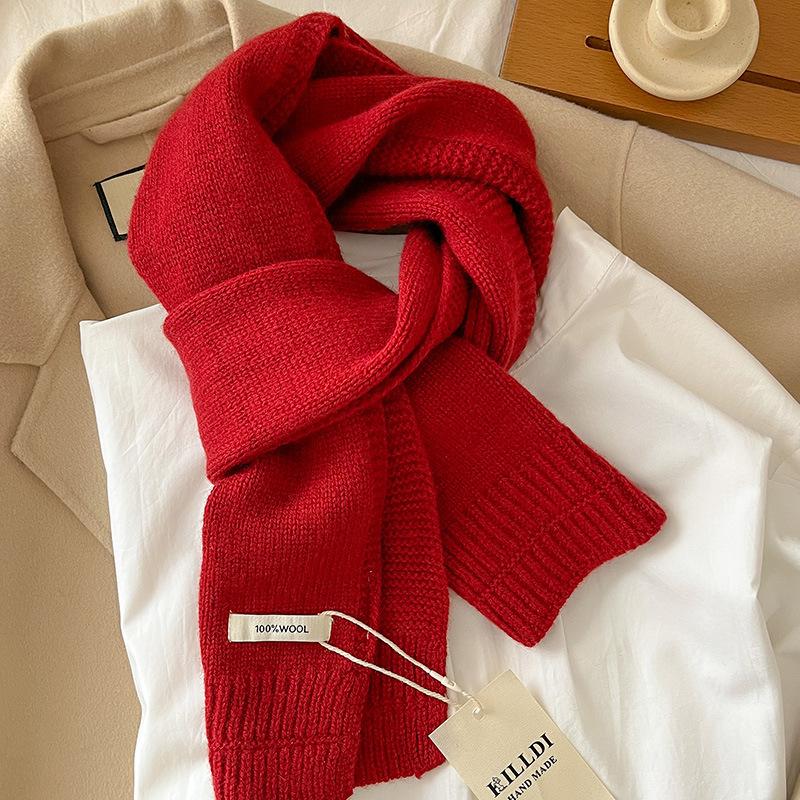Exquisite Korean Autumn and Winter Simple Solid Color Ribbed Pure Wool Thickened Knitted Warm Scarf