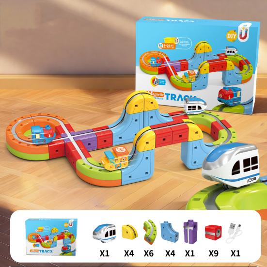 Yousheng 8/18/26/32/38Pcs/Set Magnetic Train Track Set DIY Race Car Cube Rail Building Kit Toddlers Boys Girls Gravity-Defying Electric Train STEM Toy