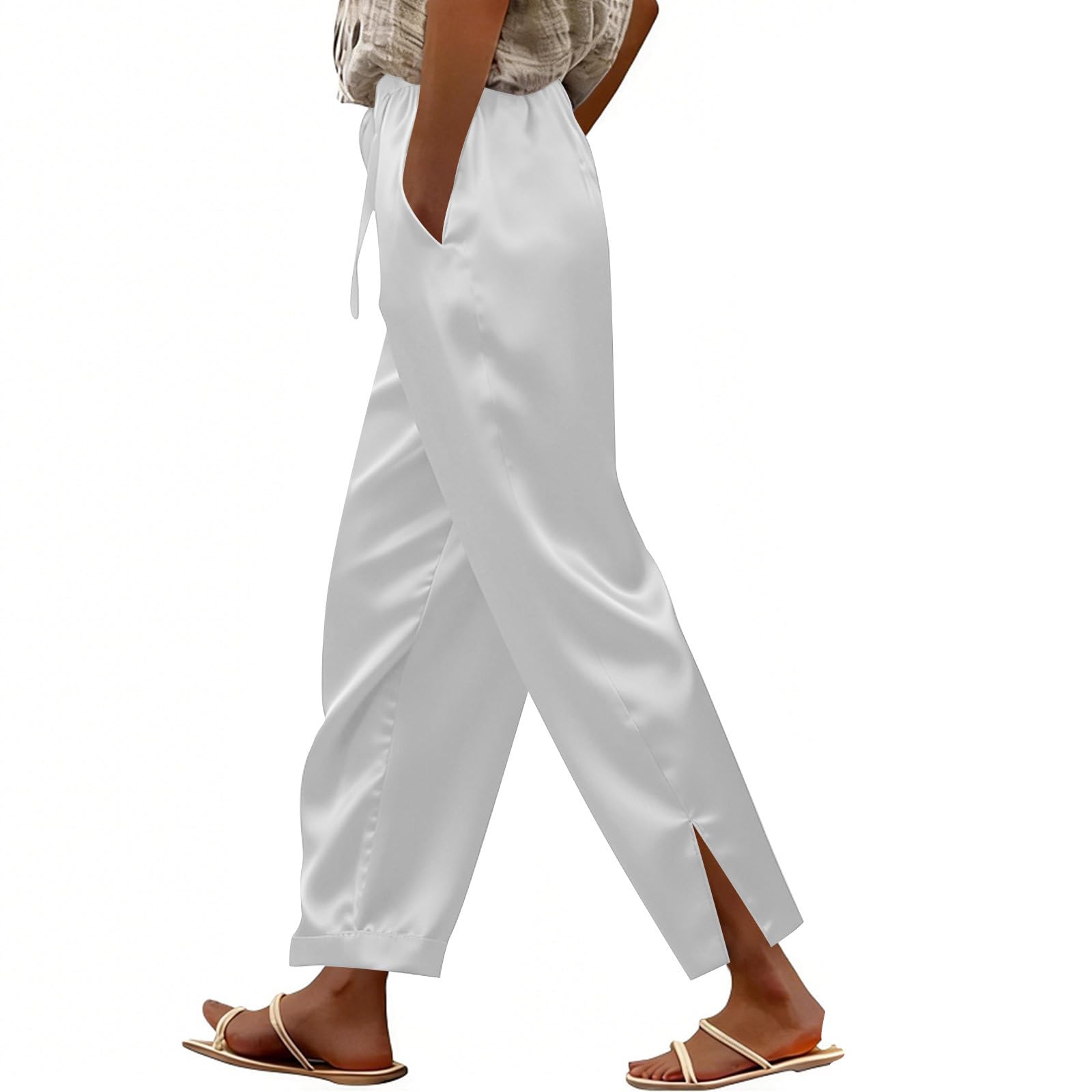 

Women s Casual Satin Loose-Fit Slacks With Elastic Drawstring And Side Slit XL білий