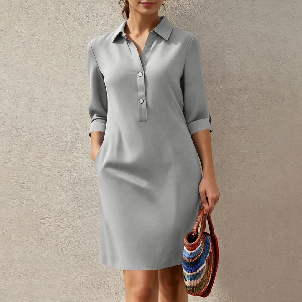 Abito Chemisier Casual da Donna Vestibilità Larga Abbottonatura Frontale Dettaglio Tasca Manica a Tre Quarti Collo Maniche Lunghe Abito Tunica per l'Uso Quotidiano