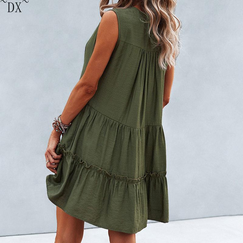 DX~~2023 Summer Europe and America V-neck Sexy Solid Color Dress Irregular Splice Sleeveless Commuter Big Swing Dress Women