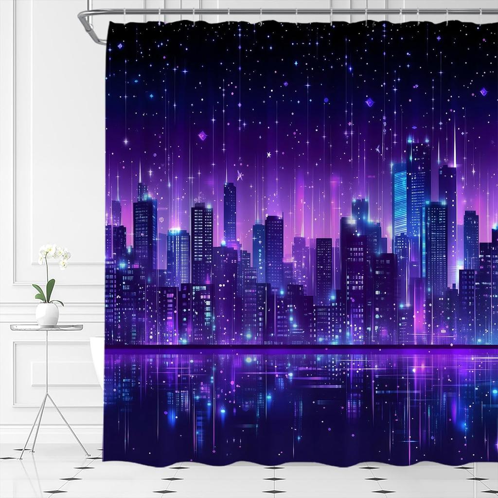 New York Shower Curtain City Night View Cyberpunk Cityscape Skyline Building Scenery Fantasy Bathroom Curtains with Hooks