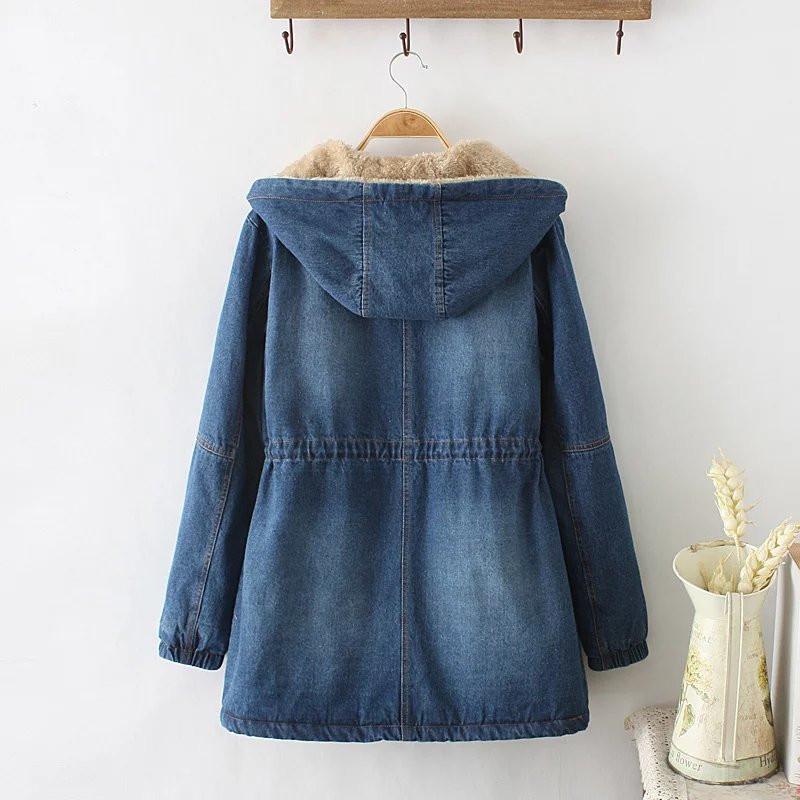 Women Denim Winter Coat Casual Loose Hooded Thicken Loose Denim Jackets Warm Long Padded Cotton Parkas Jacket Female