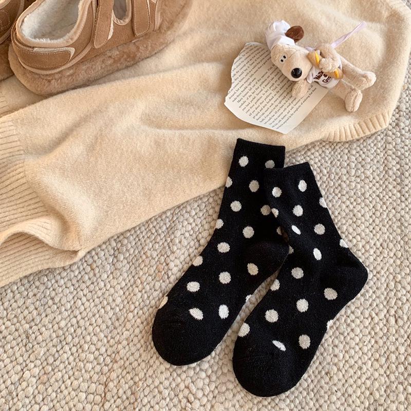 Women's Mid-Calf Polka Dot Brown Wool Socks - Warm, Thickened, Japanese Style for Fall/Winter