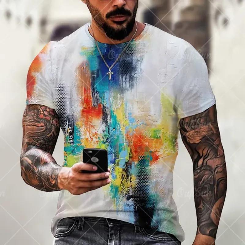 Vintage Men's T-shirt Personality Colorful Striped Print Fashion O Collar Short Sleeve T-shirt Breathable Street Wear T-shirt