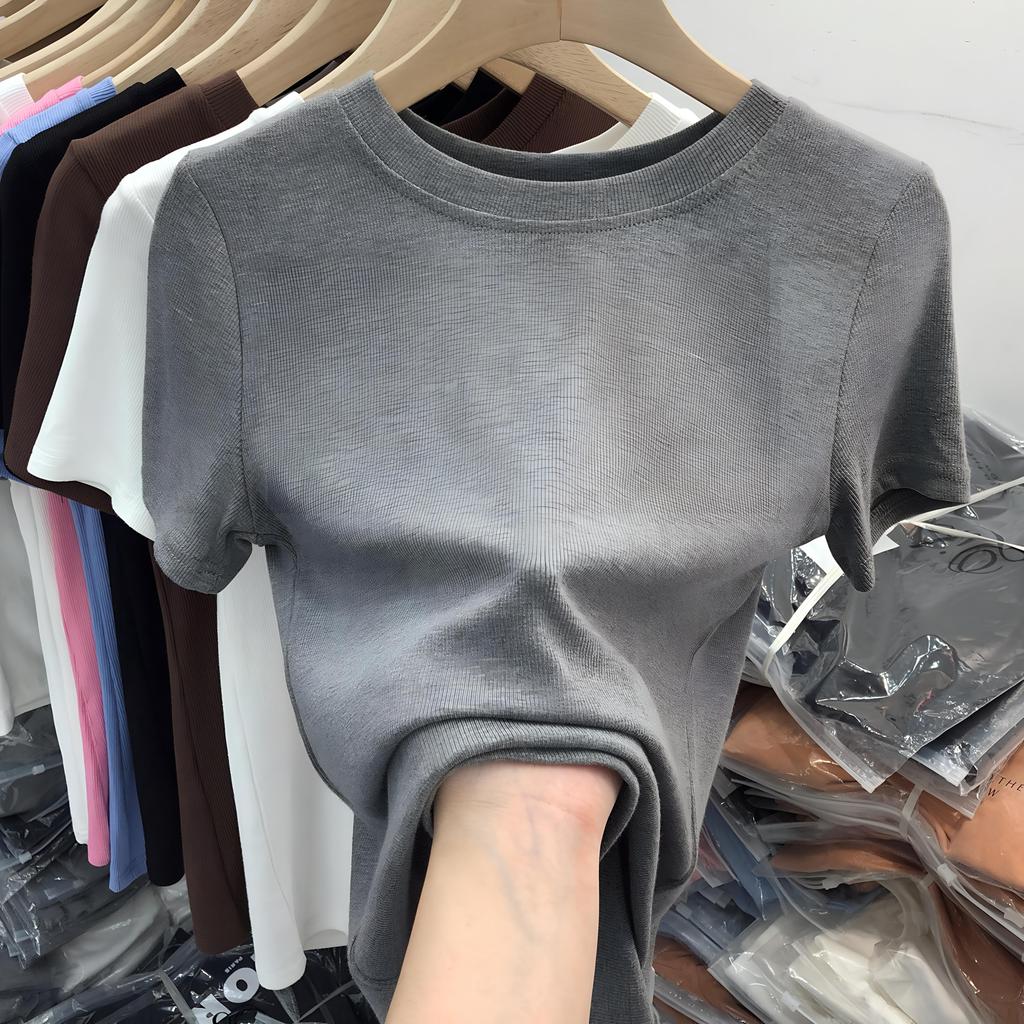 Summer Women's Slim Fit Round Neck Short Sleeve T-Shirt - Versatile Solid Color Top