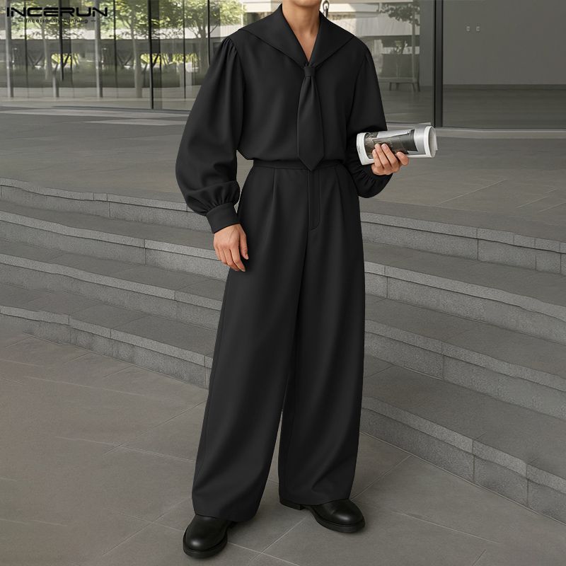 INCERUN Oversized Men Outfits Naval Collar Long Sleeve Shirts Long Pants Casual Two Pieces