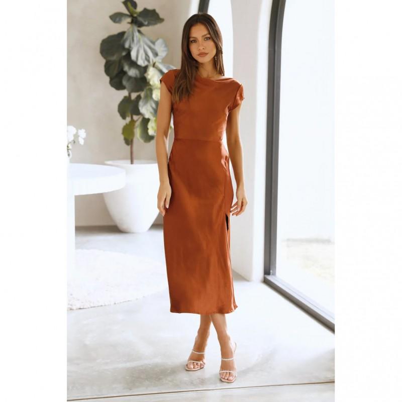 Elegant Satin Solid Color Off-Shoulder Midi Dress With Back Twist Knot Detail