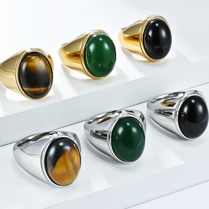 Men's Tiger Eye Ring Polished Stainless Steel Band Smooth Oval Cabochon Stone Modern Minimalist Jewelry for Him