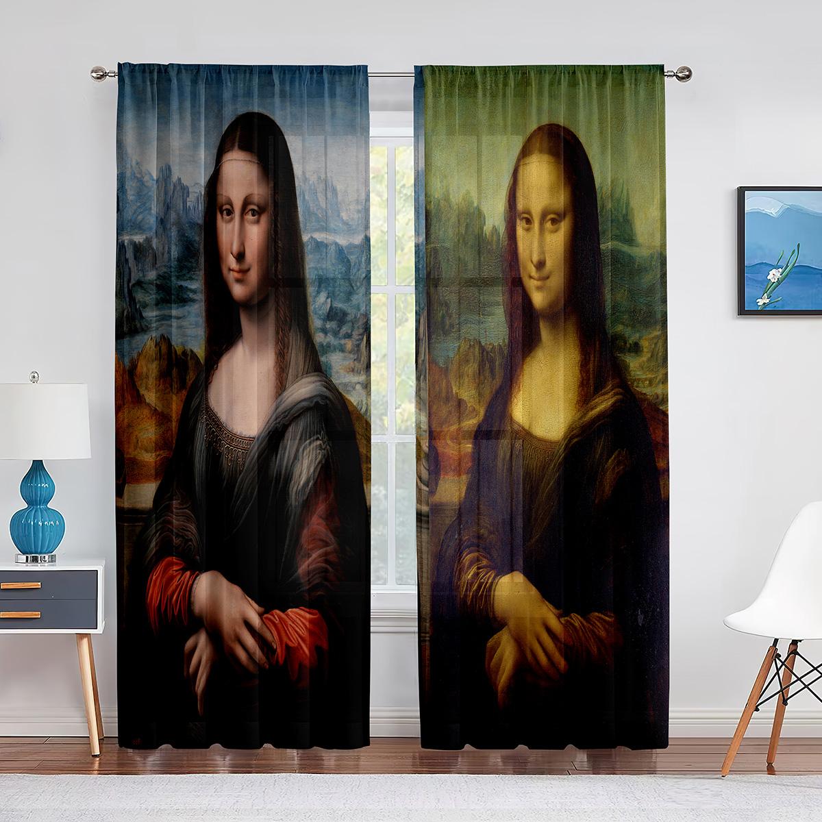 Тюлевая занавеска с изображением Моны Лизы и забавных котят для спальни — фото 3